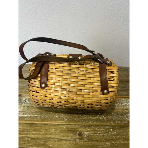 Vintage Wicker Woven Purse Boho Cottagecore Brown Leather Straps Womens handbag - Picture 3 of 6